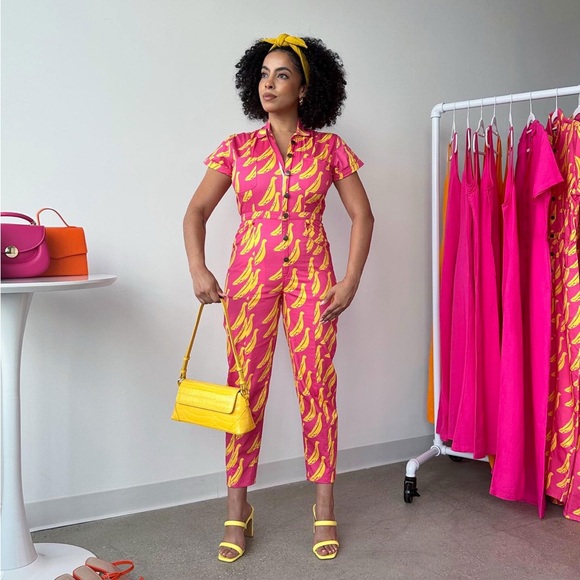 Mixed By Nasrin Pants - NWOT Mixed by Nasrin Pink Banana Print Jumpsuit Cotton Tall XS Tropical